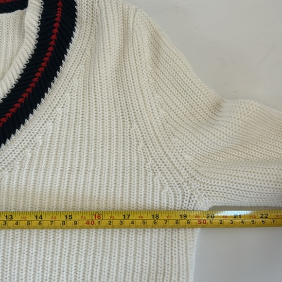 Cabi Ace pullover cream knit vneck sweater bell sleeve red blue stripe side slit - Picture 14 of 16